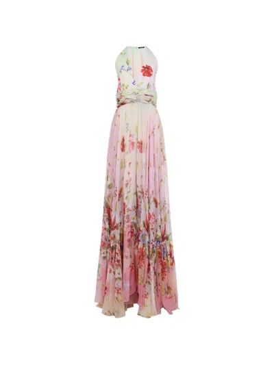 Roberto Cavalli Long Chiffon Dress With Miami Flowers Print In Pink