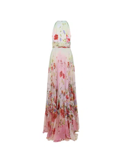 Roberto Cavalli Long Chiffon Dress With Miami Flowers Print In Pink