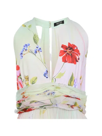 Roberto Cavalli Long Chiffon Dress With Miami Flowers Print In Pink