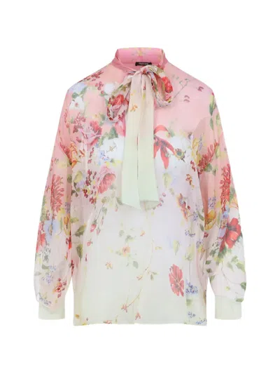 Roberto Cavalli Silk Floral-print Cutout Long-sleeve Blouse In Multi