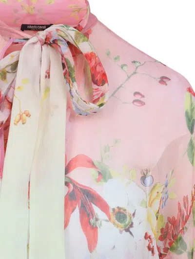 Roberto Cavalli Silk Floral-print Cutout Long-sleeve Blouse In Multi