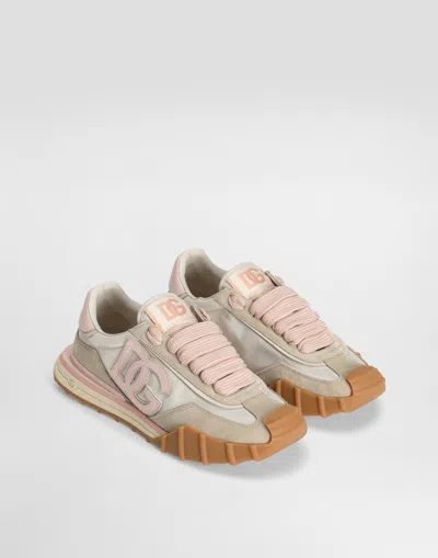 Dolce & Gabbana Dg Athletic Sneakers In Ivory And Pink Fabric And Leather In Multi