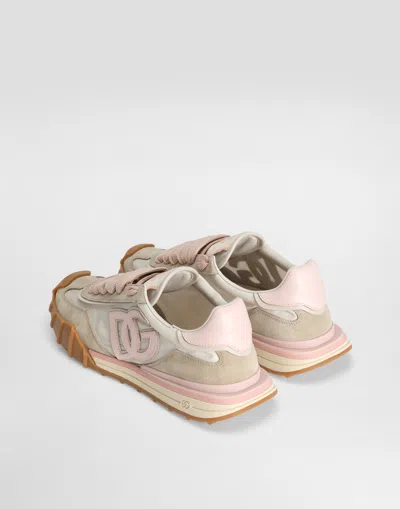 Dolce & Gabbana Dg Athletic Sneakers In Ivory And Pink Fabric And Leather In Multi