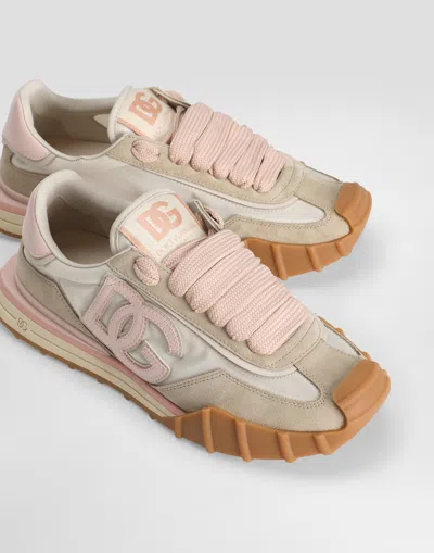 Dolce & Gabbana Dg Athletic Sneakers In Ivory And Pink Fabric And Leather In Multi