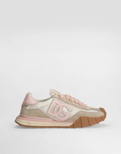 Dolce & Gabbana Dg Athletic Sneakers In Ivory And Pink Fabric And Leather In Multi