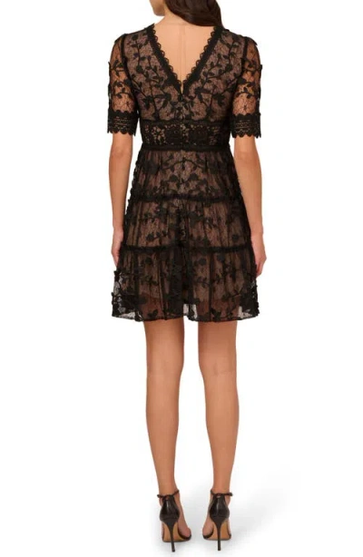 Adrianna Papell Lace Embroidered V Neck Dress With Elbow Sleeves In Black Nude In Multi