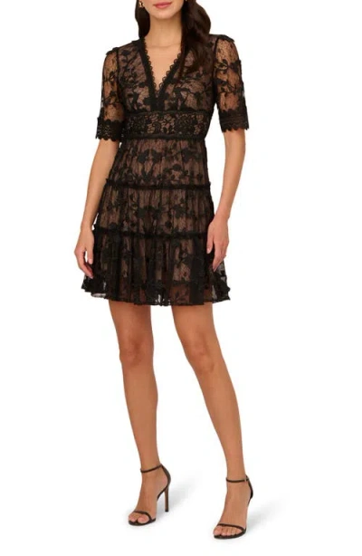 Adrianna Papell Lace Embroidered V Neck Dress With Elbow Sleeves In Black Nude In Multi