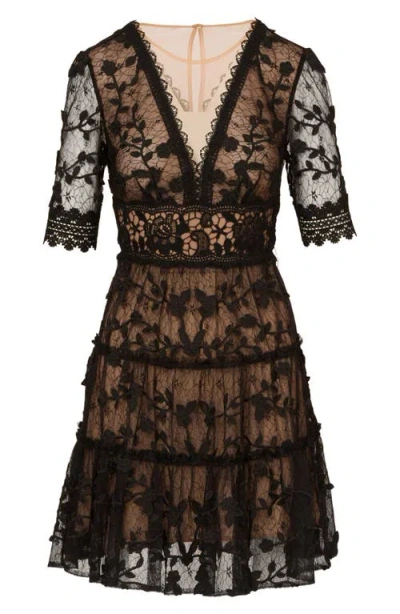 Adrianna Papell Lace Embroidered V Neck Dress With Elbow Sleeves In Black Nude In Multi