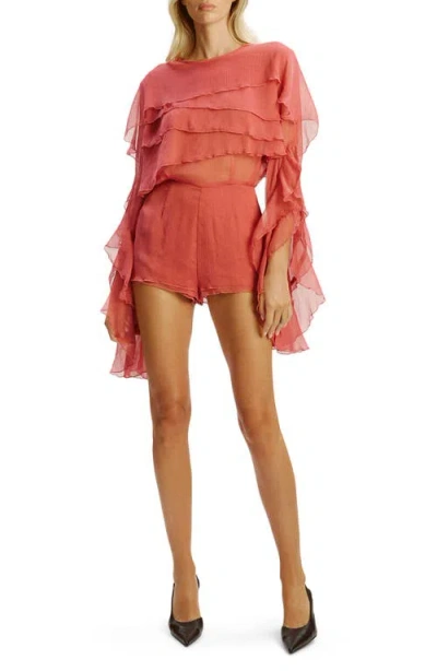 Bardot Carson Chiffon Sheer Ruffle Caped Exaggerated Sleeves Romper In Purple