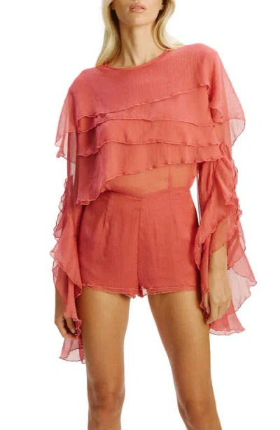 Bardot Carson Chiffon Sheer Ruffle Caped Exaggerated Sleeves Romper In Purple