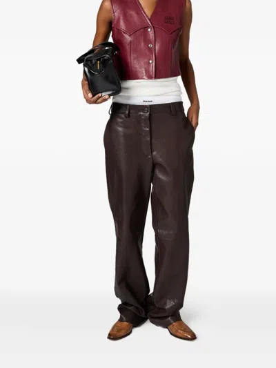 Miu Miu Leather Trousers In Brown