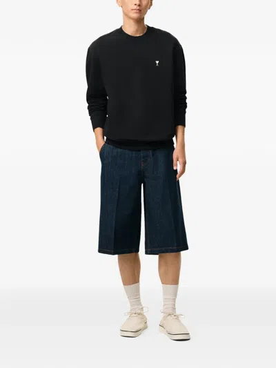 Ami Alexandre Mattiussi Ami Paris Embroidered Crew Neck Sweater With Ribbed Trims In Black