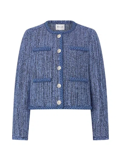 Milly Shayne Pinstripe Knit Cardigan Jacket In Blue Muti