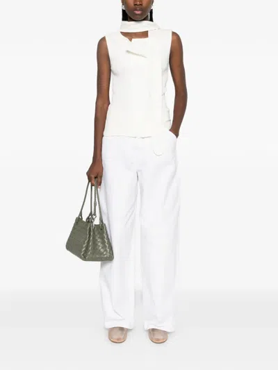 Lemaire Tie-neck Ribbed Stretch-cotton And Linen-blend Jersey Top In White