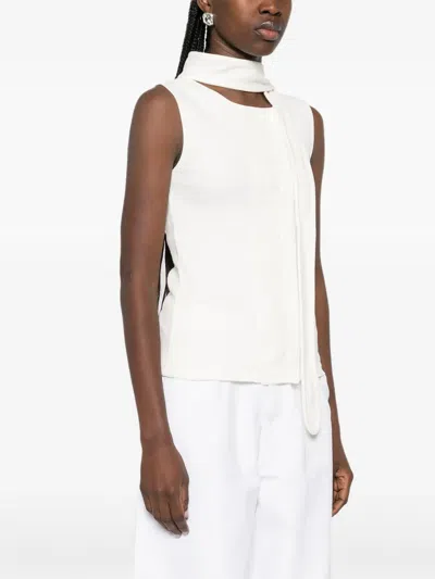 Lemaire Tie-neck Ribbed Stretch-cotton And Linen-blend Jersey Top In White