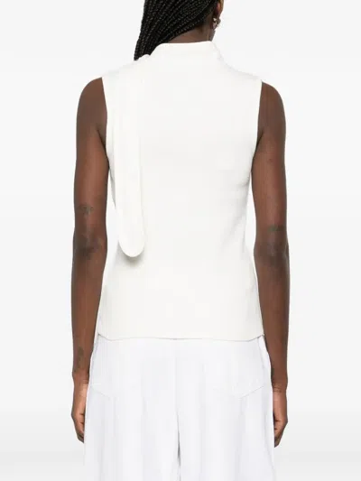 Lemaire Tie-neck Ribbed Stretch-cotton And Linen-blend Jersey Top In White