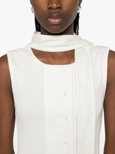Lemaire Tie-neck Ribbed Stretch-cotton And Linen-blend Jersey Top In White