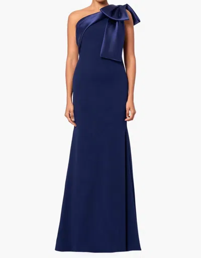 Betsy & Adam Long Scuba Crepe Dress With Satin Bow In Navy In Blue