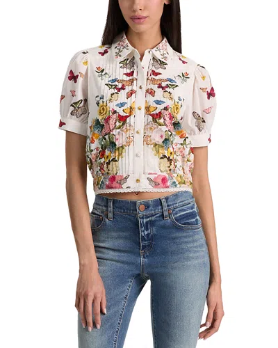 Alice And Olivia Rosie Embroidered Puff Sleeve Cropped Button Down Blouse Solar Strength Off White In Multi