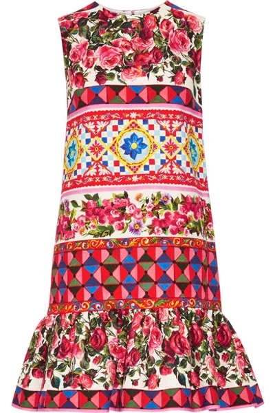Dolce & Gabbana 荷叶边印花棉质混纺连衣裙 In Red, Yellow, Blue