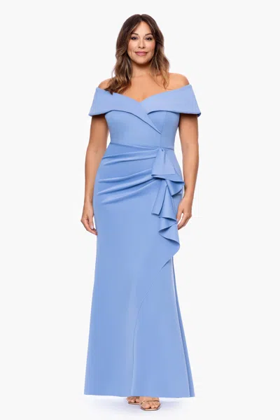 Xscape Evenings Off The Shoulder Ruffle Scuba Knit Gown In Blue