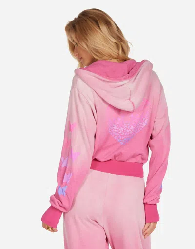 Lauren Moshi Butterfly Heart Crop Zip Hoodie In Pink