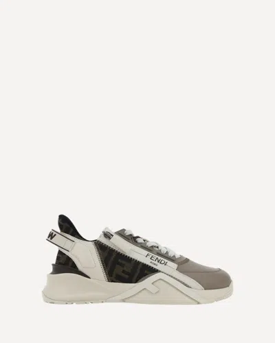Fendi Flow Leather And Jacquard Fabric Sneakers With Zip In Multi