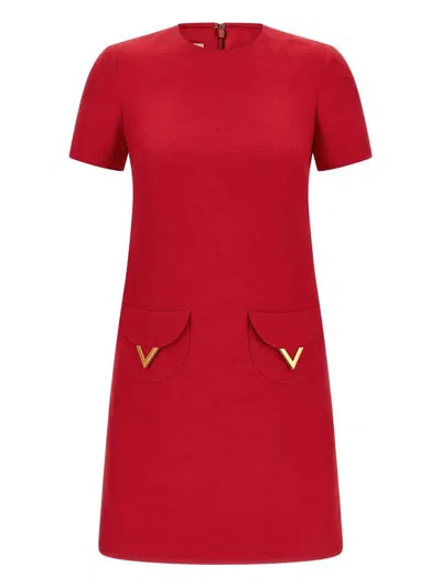 Valentino Womens Paris Pocket-front Short-sleeve Wool-blend Midi Dress In Red