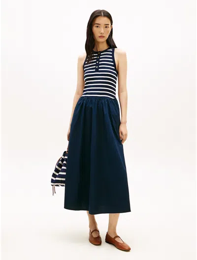 Tommy Hilfiger Sleeveless Dress Gold Buttons Striped Skirt In Blue
