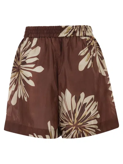 Brunello Cucinelli Women Silk Twill Shorts With Floral Print And Elasticated Waistband In Brown