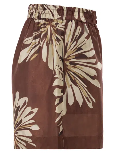 Brunello Cucinelli Women Silk Twill Shorts With Floral Print And Elasticated Waistband In Brown