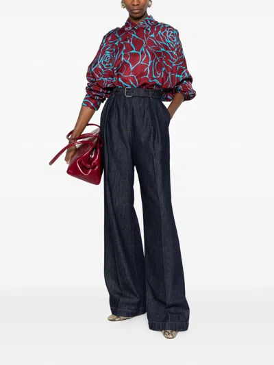 Dries Van Noten High Waist Wide Leg Belted Pleated Jeans In Blue