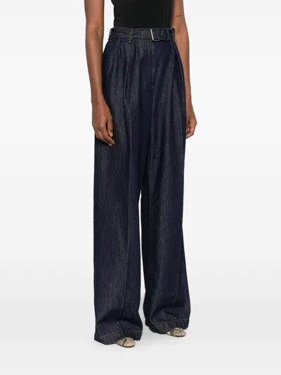 Dries Van Noten High Waist Wide Leg Belted Pleated Jeans In Blue