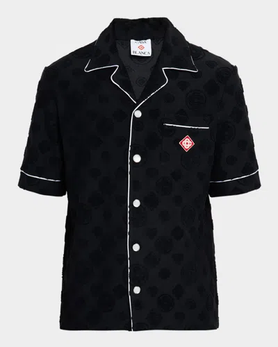Casablanca Men Black Shirt With Classic Lapels And All-over Embossed Monogram In Cotton Man
