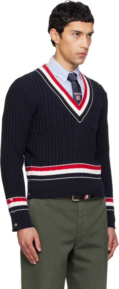 Thom Browne Intarsia Sweater V Neck Cable Knit Buttons In Blue