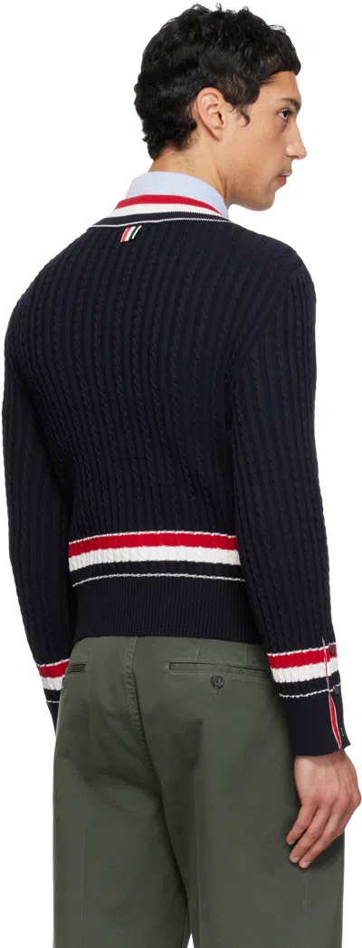 Thom Browne Intarsia Sweater V Neck Cable Knit Buttons In Blue