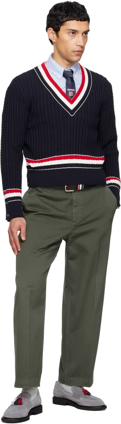 Thom Browne Intarsia Sweater V Neck Cable Knit Buttons In Blue