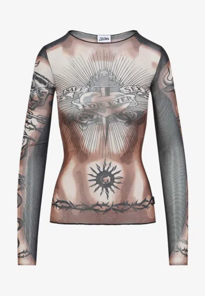Jean Paul Gaultier Tattoo-inspired Sheer Long-sleeved Top With Bold Motifs In Brown
