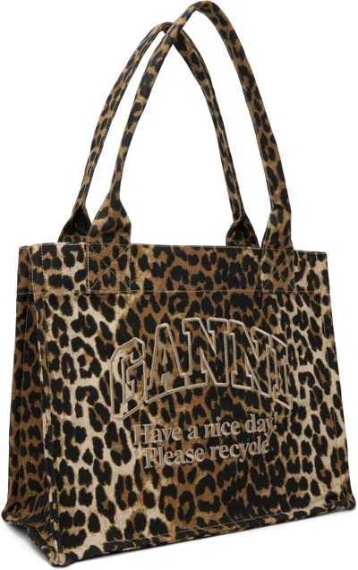 Ganni Brown Tote Bag With Graphic Print On The Front And All-over Leopard Motif In Cotton Woman In Brown
