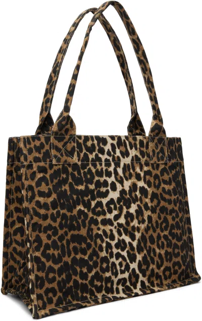 Ganni Brown Tote Bag With Graphic Print On The Front And All-over Leopard Motif In Cotton Woman In Brown
