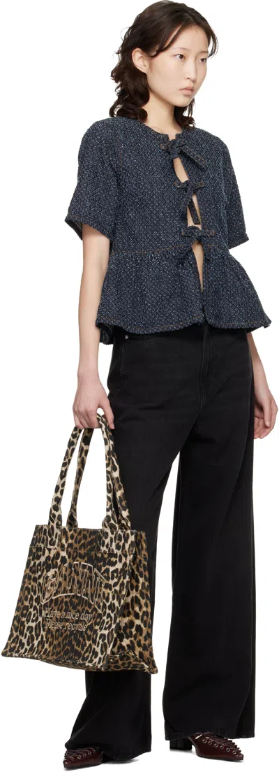 Ganni Brown Tote Bag With Graphic Print On The Front And All-over Leopard Motif In Cotton Woman In Brown