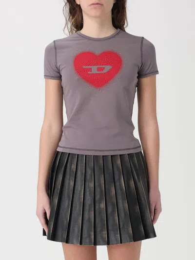 Diesel Slim T-shirt With Heart Print And Studs In Gray