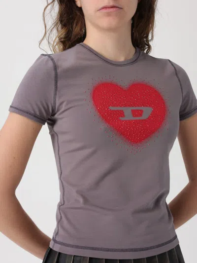Diesel Slim T-shirt With Heart Print And Studs In Gray
