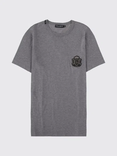 Dolce & Gabbana Crewneck T-shirt With Logo-patch In Gray