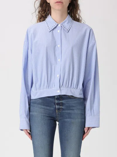 Pinko Charita Light Blue Shirt With Embellished Classic Collar And All-over Striped Motif In Cotton Woman