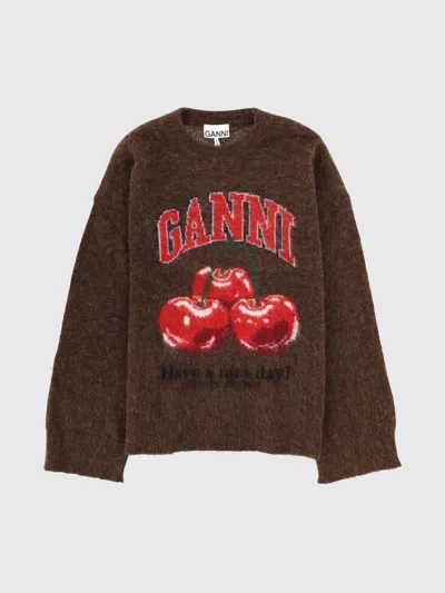 Ganni Brushed Alpaca Graphic Oversized Sweater In Brown