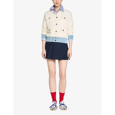 Sandro Womens Ecru Denim-hem Button-down Knitted Cardigan In White