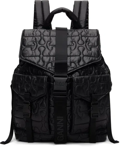 Ganni Quilted Backpack With Buckle Closure And Adjustable Straps In Black