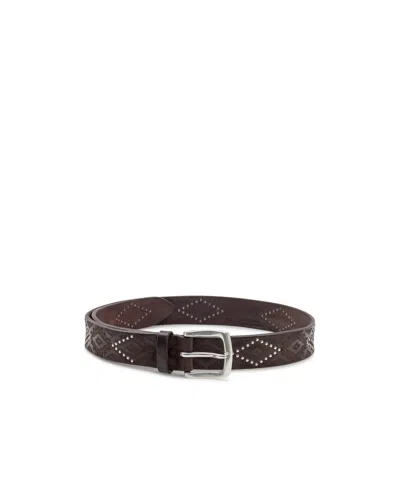 Orciani Leather Belt With Geometric Pattern And Studs In Brown