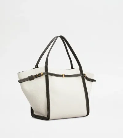 Tod's White Tote Bag With Front Leather Buckled Belt In Cotton Blend Woman